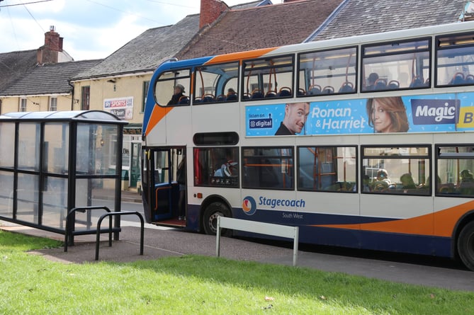 A Stagecoach bus at the bus stop at The Green in Crediton.  AQ 4645
