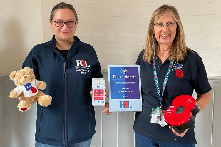 Jane Sansom, right, the Poppy Appeal Organiser for Crediton with Lauren Chilton, RBL Community Fundraiser, at a recent Volunteer Day held at Crediton Congregational Church.  AQ 5917
