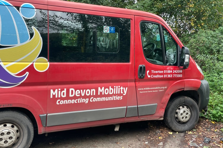 The Mid Devon Mobility bus which has been badly damaged by a hit and run driver.  AQ 7898
