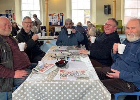 Photo: (left to right) Andrew, Frank, Rick, George and Malcolm at a recent coffee and company event at Crediton Congregational Church.