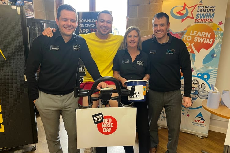 Some of the staff who took part in the spin-a-thon at Lords Meadow Leisure Centre in aid of Comic Relief.  AQ 4876