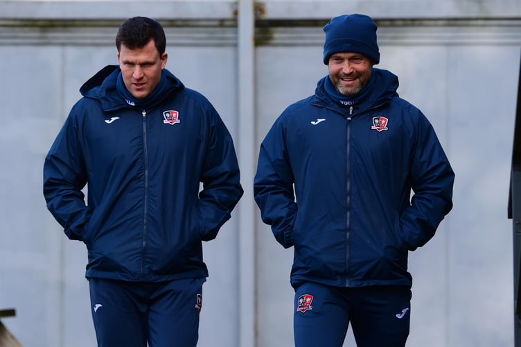 Gary Caldwell, Manager of Exeter City and Kevin Nicholson, Assistant Manager of Exeter City during the Training Session at Exeter City's Cliff Hill Training Ground, Exeter, Devon on 26 January 2023. - PHOTO: Tom Sandberg/PPAUK 