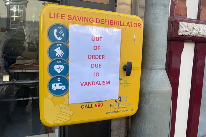 An image of a defibrillator which was taken out of action in Crediton after it sustained vandalism.  AQ 0029