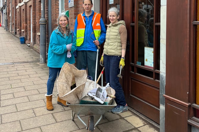 Newly elected Crediton town councillor Rachel Backhouse (right) joined Devora Langford (left) and Paul Vincent (centre) for the Independents for Crediton High Street Sweep event.