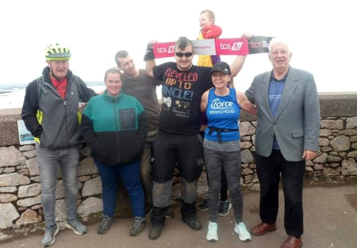 Margaret with some of her support team at the halfway point at Dawlish Warren during her virtual London Marathon. 