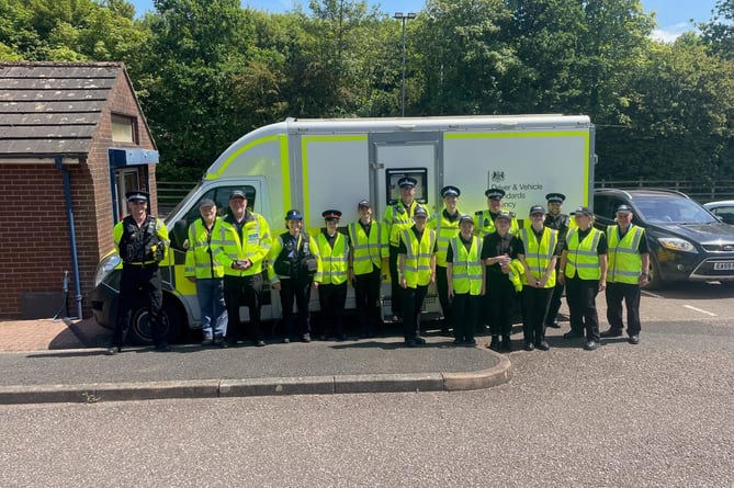 Left to right: PC Steve Greenaway, Volunteer Tom Orton, Volunteer Ian Keenan, PCSO Melanie Spiller, Cadet Jacobi, Cadet Jack, PC Adrian Legg, Volunteer Cadet Leader Melissa Ford, Cadet Morgan, Cadet Jess, Special Constable Paul Fudge, Cadet Kyra, Cadet Charlotte, PC Joe Oliver, Volunteer Cadet Leader Beth Rusalen and Volunteer Cadet Leader Neil Roberts. 