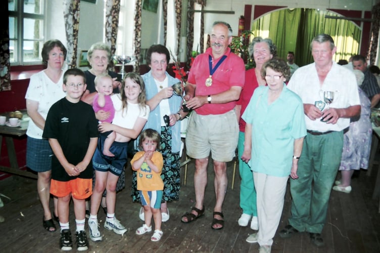 Cllr David Pugsley presenting the prizes at Zeal Monachorum Flower Show in September 1999.  DSC00343