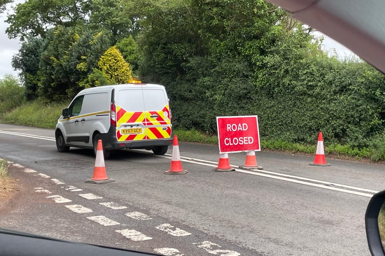 The road closure in place at Barnstaple Cross.  AQ 2024