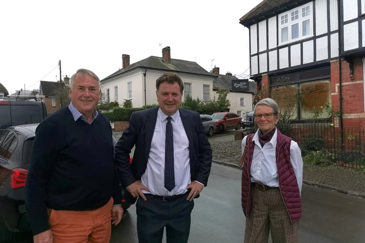 Mel Stride MP, centre, with Rhys Roberts, left and Polly Colthorpe, right.