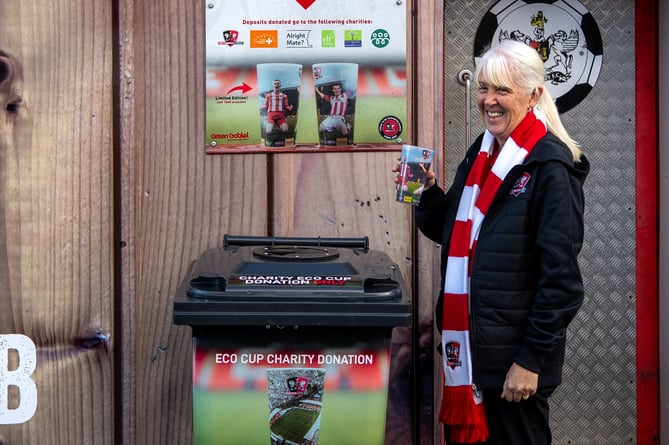 Exeter City Football Club accounts assistant Lynn Travis with the new Eco Cups.
