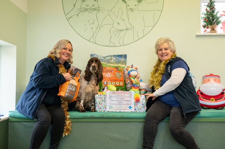 Jonathan Wood Vets receptionists Holly Harris (left) and Sara Thurgood with Nelly the dog.
