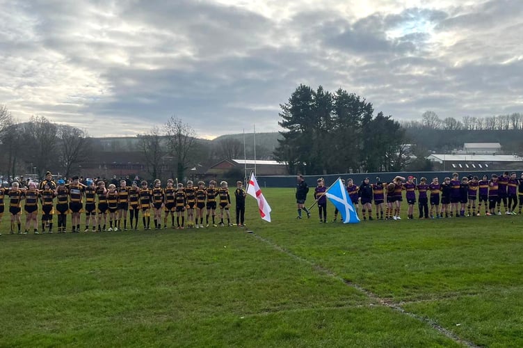 Crediton RFC Under 12’s with the Marr Rugby Club team.
