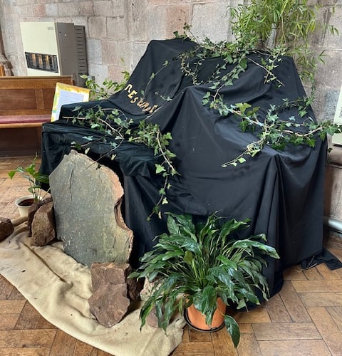 The display titled 'Resurrection', part of the Easter Trail at Crediton Parish Church.
