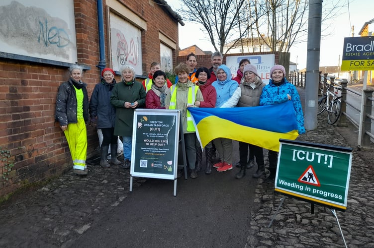 Those who took part in the Crediton Urban Taskforce weed clearance.
