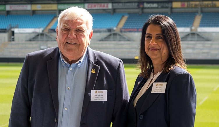 Tony Rowe CBE, Chairman and CEO of Exeter Rugby Club and Bindu Arjoon, Chief Executive of Exeter City Council.
