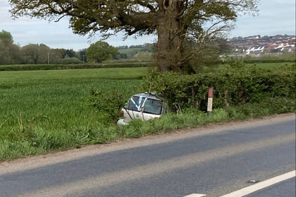 Woman trapped after car leaves road near Crediton