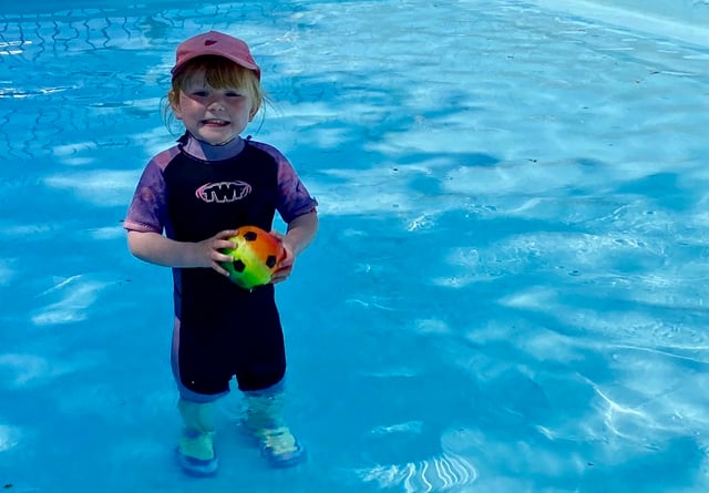 One of the first youngsters in the paddling pool when it opened for the summer in Newcombes Meadow last year. NP 260523 01 (Crediton Courier)
