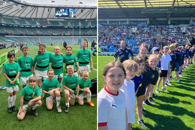 Hayward's Primary School pupils at Twickenham, left, and Sandy Park, right