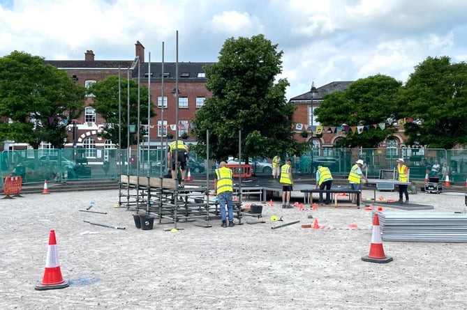 Putting up stage and seating in Crediton Town Square