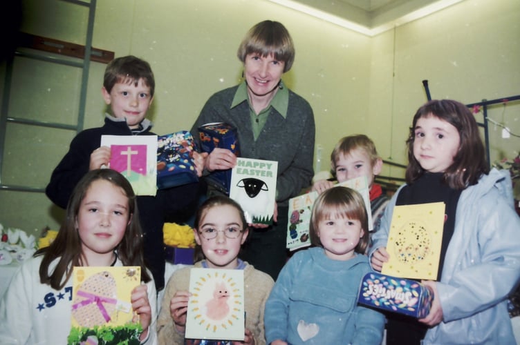 Easter card competition winners at Bow School Easter Fayre in March 2002. DSC00194