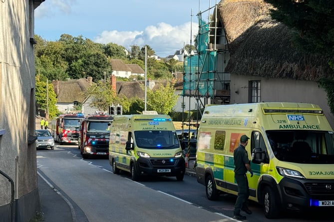 Emergency vehicles in Newton St Cyres.  AQ 1448
