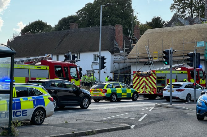 A view of emergency vehicles in Newton St Cyres.  AQ 1437