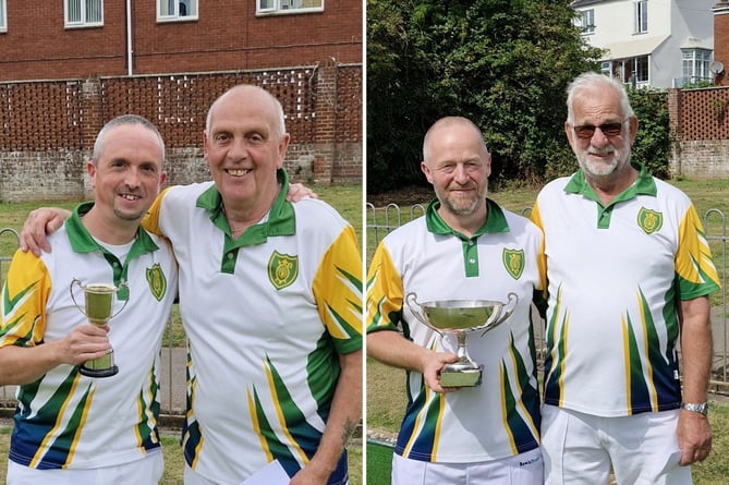 From left: Men's Handicap winner Gary Ayley and runner-up Dave Carpenter; Steve Witcombe with Non-Cup Trophy and runner-up Kelvyn Heath