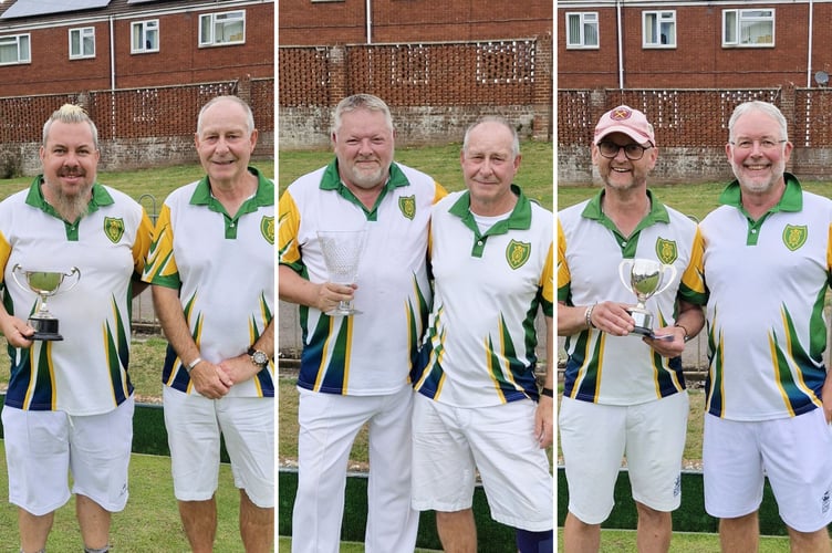 From left: Pete Sheppard with Three Woods trophy and runner-up Graham Tucker; Men's Club Championship winner John Harry and runner-up Graham Tucker; Allan Gibb with Two Woods trophy and runner-up Steve Jones