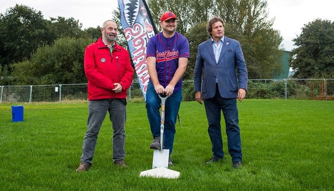 Matt Cousins cuts the turn at Bromham’s Farm Field with Exeter Cllr Duncan Wood, left and right, County Cllr Andrew Leadbetter.
