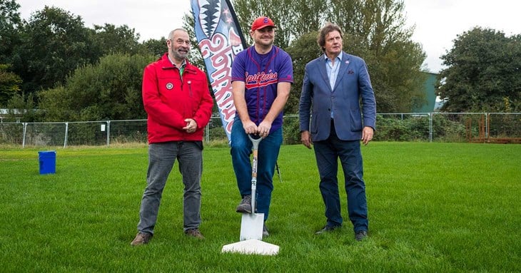 Matt Cousins cuts the turn at Bromham’s Farm Field with Exeter Cllr Duncan Wood, left and right, County Cllr Andrew Leadbetter.
