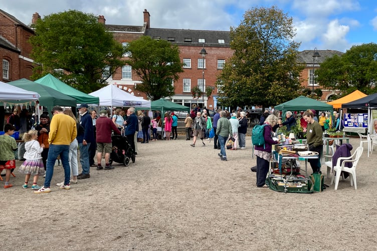 People enjoying the various stalls at the Big Green Fair in Crediton Town Square