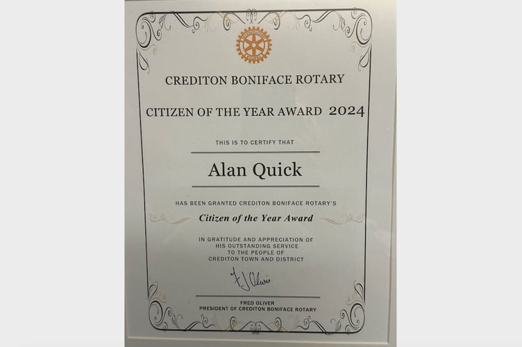 The Rotary Crediton Citizen of the Year Award presented to Alan Quick.  
