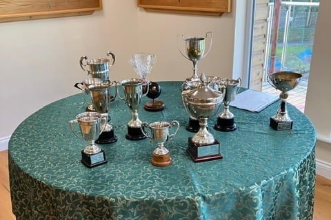 The trophies presented at North Tawton Bowling Club Presentation Christmas Lunch.
