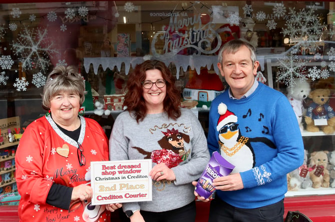 Second prize went to Crediton Card Centre. From left, Hazel Evely, Louisa Shaw, Alan Quick