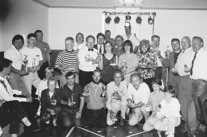 The prizewinners from Crediton Liberal Club skittles presentations in August 1992.  DSC00781