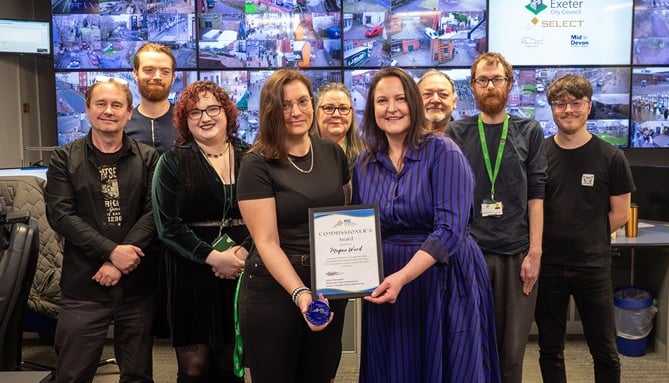 Exeter’s city centre CCTV Control Room operators with Alison Hernandez, centre right, presenting Megan with her award.
