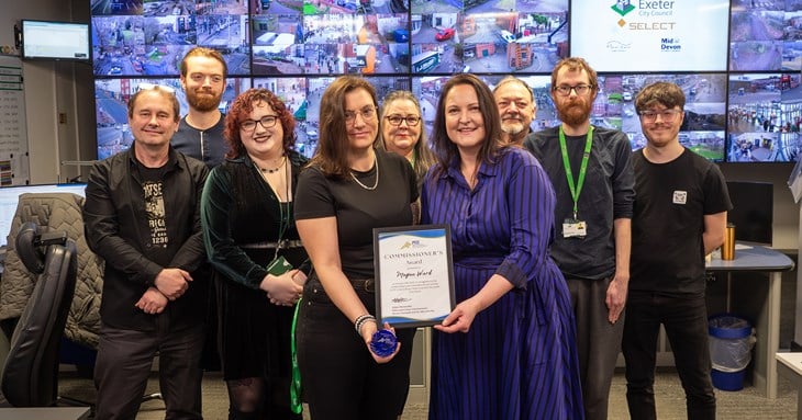 Exeter’s city centre CCTV Control Room operators with Alison Hernandez, centre right, presenting Megan with her award.
