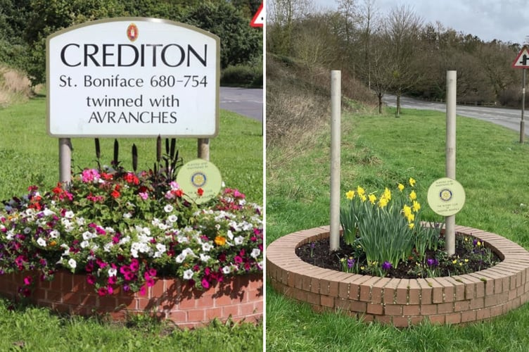 The entrance sign on the A377 west of Crediton has also vanished